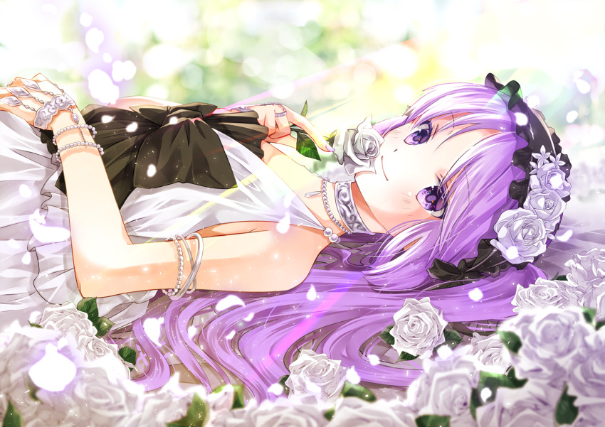 1girl bangs bead_bracelet bead_necklace beads blurry bokeh bonnet bracelet depth_of_field dress euryale eyebrows_visible_through_hair fate/hollow_ataraxia fate_(series) fingernails flower hairband holding holding_flower iroha_(shiki) jewelry lolita_hairband long_hair looking_at_viewer lying nail_polish necklace on_back purple_hair purple_nails rose sleeveless sleeveless_dress smelling smile solo sunlight violet_eyes white_dress white_rose