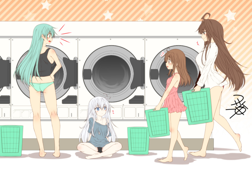 4girls ahoge alternate_costume barefoot blue_eyes blue_shirt breasts brown_eyes brown_hair dog_tags green_eyes green_hair hair_between_eyes hibiki_(kantai_collection) inazuma_(kantai_collection) jewelry kantai_collection kongou_(kantai_collection) large_breasts laundry laundry_basket long_hair long_sleeves multiple_girls necklace panties shirt short_sleeves signature small_breasts star striped striped_background suzuya_(kantai_collection) white_hair white_shirt yua_(checkmate)