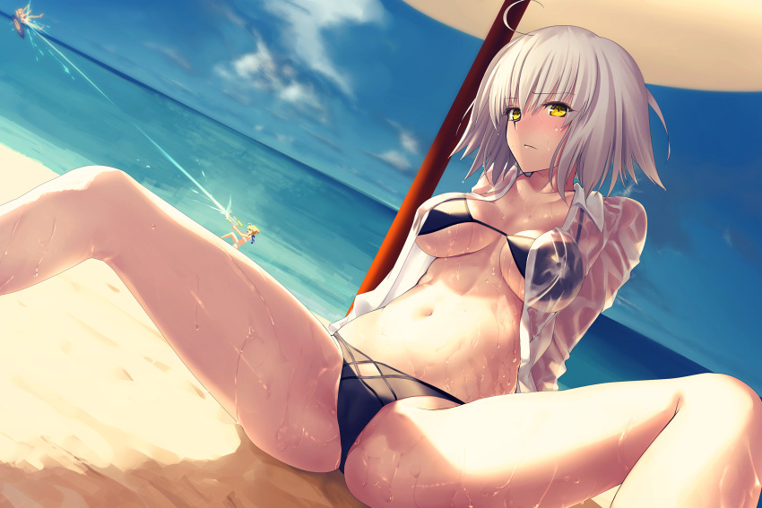 3girls ahoge artoria_pendragon_(all) artoria_pendragon_(swimsuit_archer) bangs beach bikini black_bikini blonde_hair blue_sky blush breasts closed_mouth day dutch_angle eyebrows_visible_through_hair fate/apocrypha fate/grand_order fate/stay_night fate_(series) frown highres horizon jeanne_alter kawanakajima leaning_back looking_at_viewer medium_breasts mordred_(swimsuit_rider)_(fate) multiple_girls navel ocean open_clothes open_shirt ruler_(fate/apocrypha) saber saber_of_red sand see-through shirt short_hair silver_hair sitting sky solo_focus spread_legs stomach sunlight surfboard sweat swimsuit water_gun wet wet_clothes wet_shirt yellow_eyes