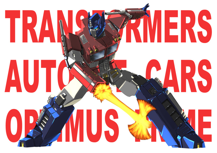 1boy 80s autobot axe blue_eyes character_name copyright_name energy_axe full_body glowing headgear insignia looking_away machine machinery mecha no_humans oldschool optimus_prime paintedmike robot simple_background solo standing transformers weapon white_background