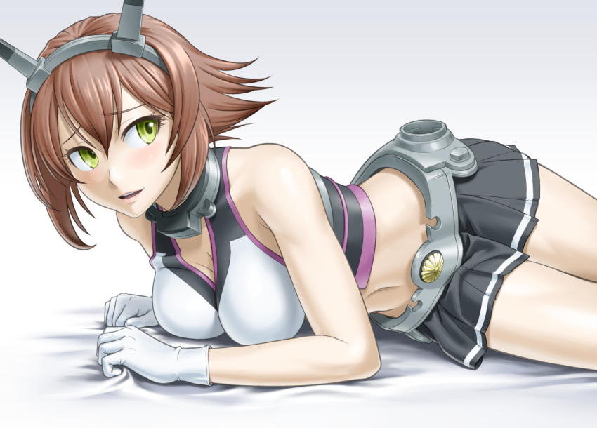 1girl bare_shoulders bed_sheet black_skirt blush breasts brown_hair cleavage collar collarbone flipped_hair gloves green_eyes headgear ichikawa_masahiro kantai_collection lips looking_back medium_breasts midriff mutsu_(kantai_collection) navel on_bed parted_lips pleated_skirt short_hair skirt solo striped striped_skirt white_gloves