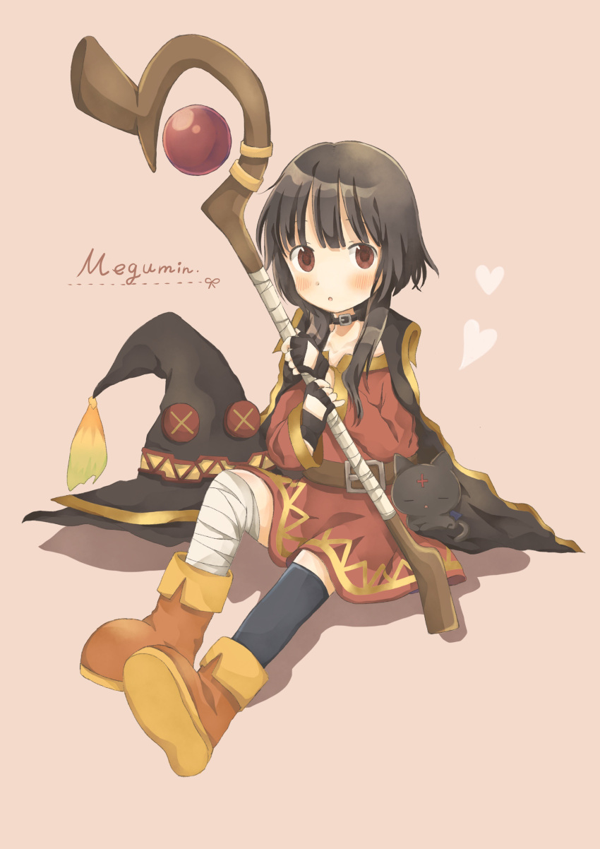 1girl absurdres bandage bandaged_leg brown_eyes brown_hair button_eyes cape cat character_name chomusuke collar commentary fingerless_gloves gloves hat hat_removed headwear_removed highres kono_subarashii_sekai_ni_shukufuku_wo! megumin short_hair_with_long_locks simple_background single_thighhigh sitting solo staff thigh-highs wizard_hat younger yuno_(suke_yuno)