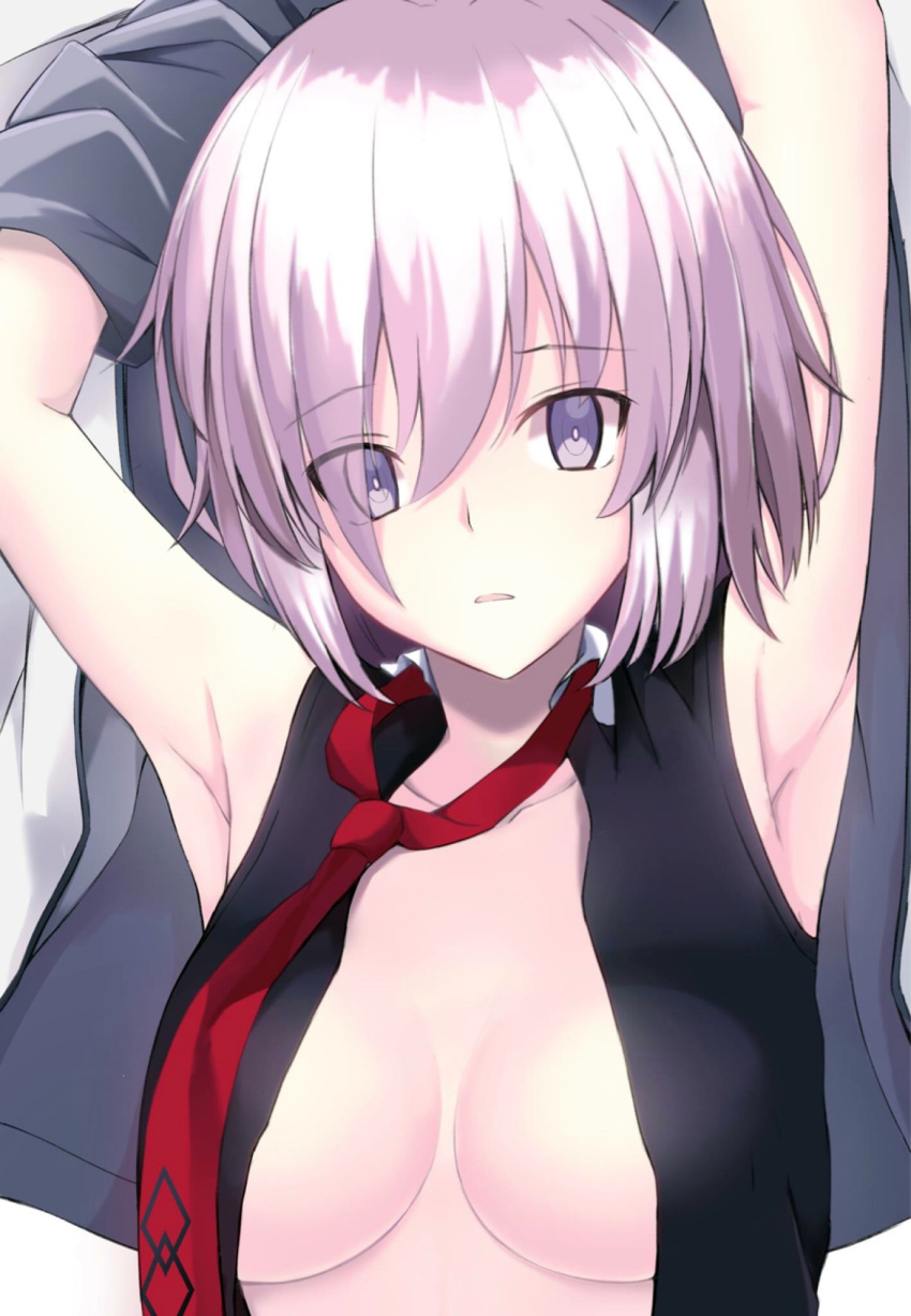 1girl armpits arms_up black_vest blush breasts bright_pupils cleavage collarbone commentary_request expressionless eyebrows_visible_through_hair eyes_visible_through_hair fate/grand_order fate_(series) grey_jacket hair_over_one_eye highres jacket karaage_bou medium_breasts necktie no_bra open_clothes open_jacket open_vest parted_lips pink_eyes pink_hair red_necktie shielder_(fate/grand_order) shiny shiny_hair short_hair sleeveless solo upper_body vest