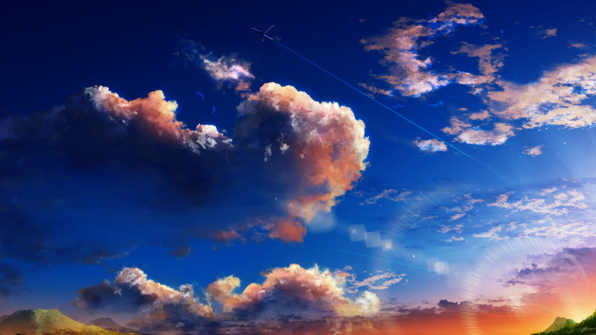 aircraft airplane blue_sky clouds cloudy_sky commentary_request condensation_trail highres lens_flare no_humans outdoors scenery sky sunlight sunset y_y_(ysk_ygc)