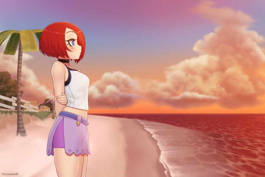 1girl arms_behind_back artist_name beach choker clouds fence from_side house kairi_(kingdom_hearts) kingdom_hearts kuroonehalf looking_to_the_side o3o ocean palm_tree redhead short_hair short_shorts shorts shorts_under_skirt skirt sleeveless solo sunset tree water