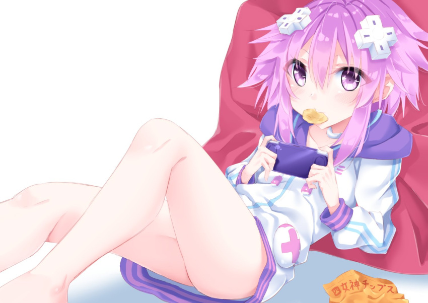 1girl barefoot chips choker d-pad eating food food_in_mouth hair_ornament hairclip handheld_game_console hood hooded_jacket jacket looking_at_viewer lying neptune_(choujigen_game_neptune) neptune_(series) no_legwear on_back playing_games potato_chips purple_hair shikapiro short_hair violet_eyes white_background