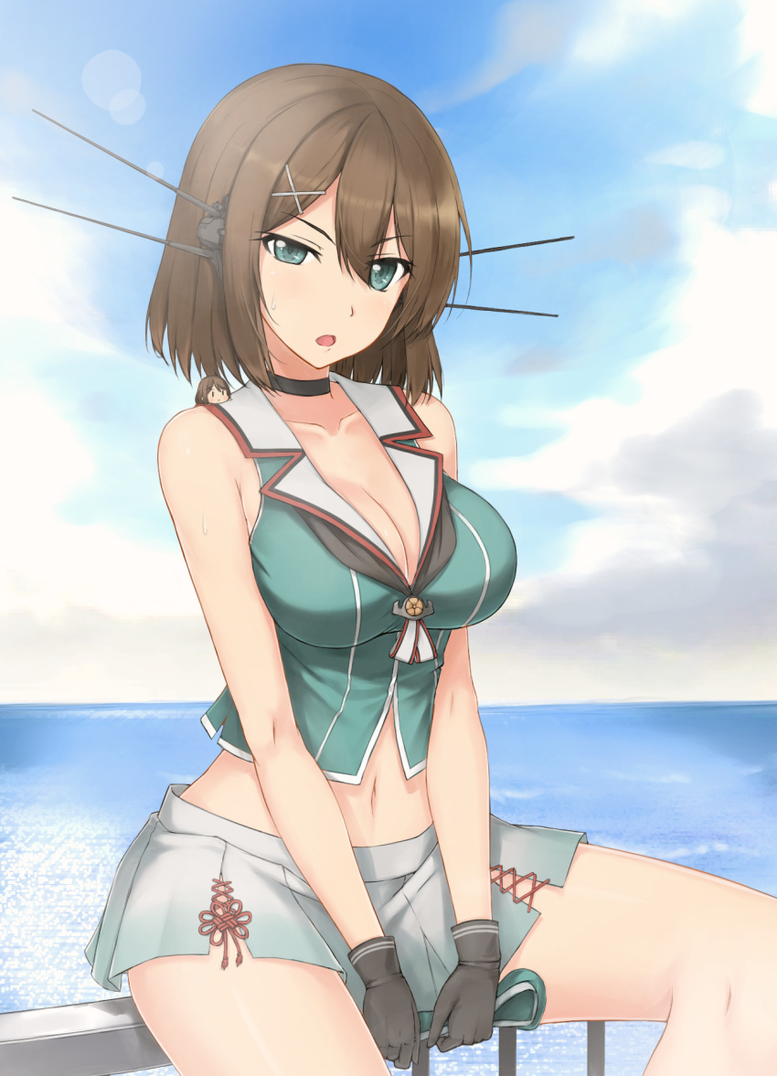 &gt;:o 2girls :o bare_arms bare_shoulders between_legs black_gloves blue_sky blush breasts brown_hair cleavage clouds collarbone day fairy_(kantai_collection) ghound gloves green_eyes green_vest grey_skirt hair_ornament half-closed_eye hand_between_legs headgear highres horizon kantai_collection large_breasts looking_at_viewer maya_(kantai_collection) minigirl multiple_girls navel ocean on_shoulder open_mouth outdoors pleated_skirt railing sailor_collar short_hair skirt sky stomach sweat thighs vest water x_hair_ornament
