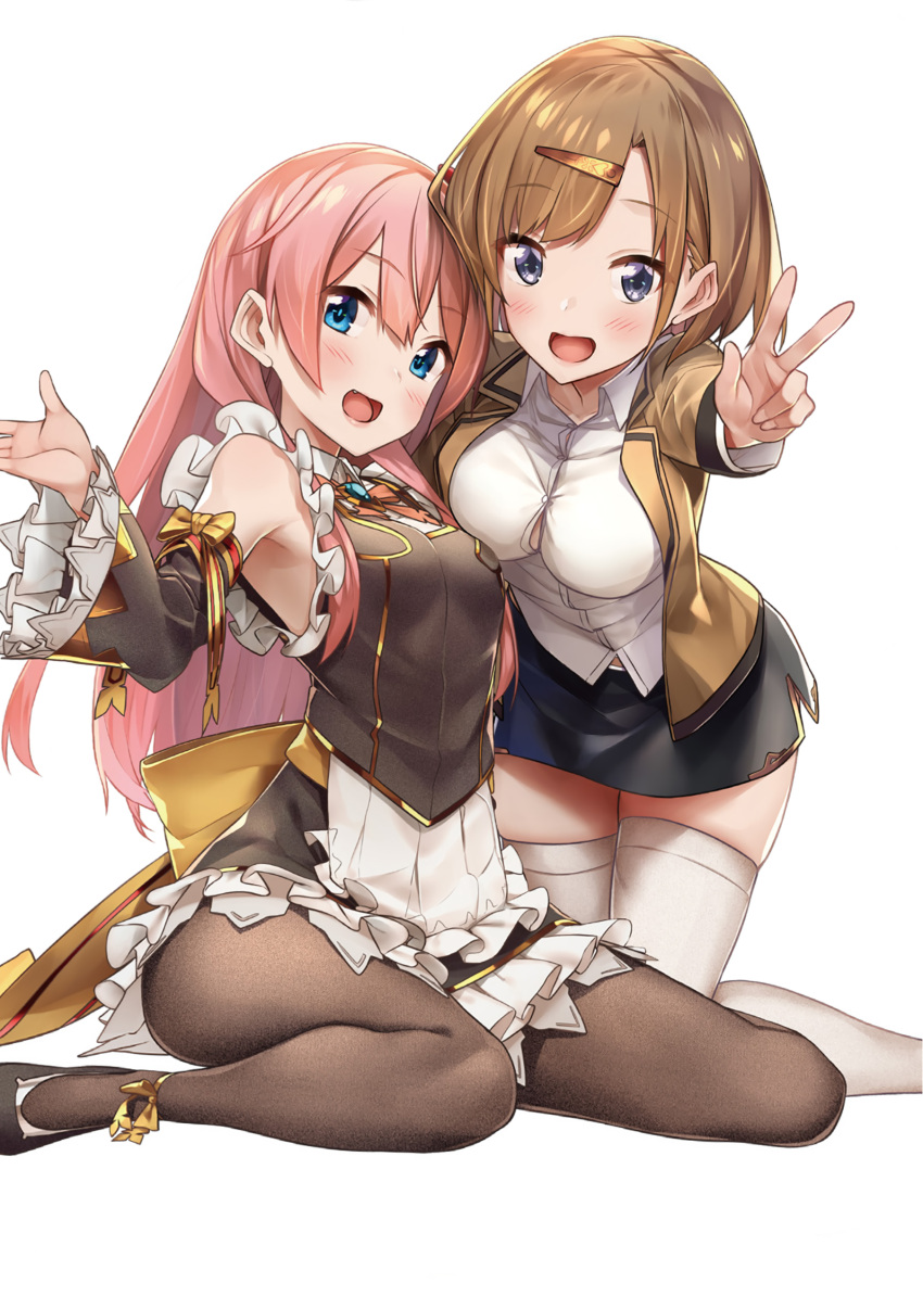 2girls :d absurdres armpits baffu bent_over blazer blue_eyes blush breasts brown_hair brown_legwear collared_shirt detached_sleeves eyebrows_visible_through_hair fang frill_trim game_playing_role hair_ornament hair_over_shoulder hairclip highres jacket kneeling looking_at_viewer medium_breasts miniskirt multiple_girls open_mouth pantyhose pink_hair shirt short_hair simple_background sitting skirt smile thigh-highs v white_background white_legwear white_shirt wide_sleeves zettai_ryouiki