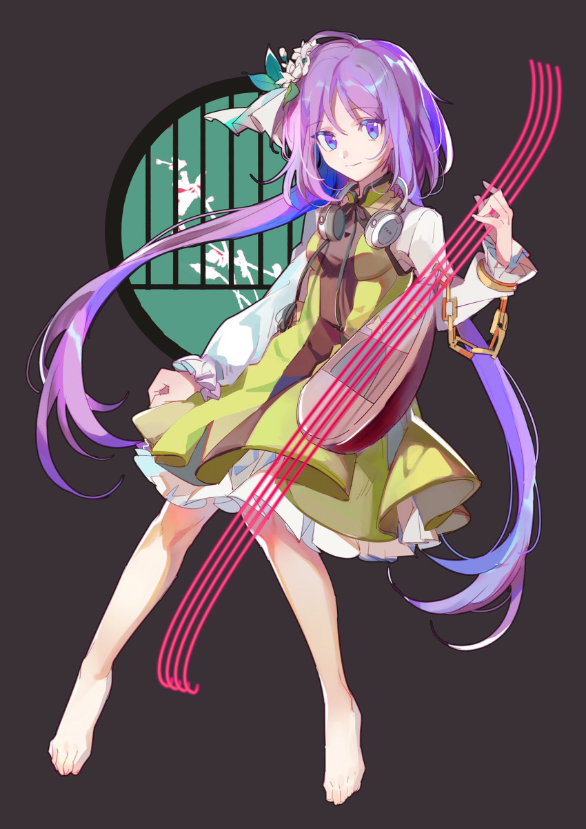 1girl aibivy bangs barefoot biwa_lute black_background blue_eyes chains closed_mouth eyebrows_visible_through_hair flower hair_flower hair_ornament headphones headphones_around_neck highres instrument knees_together_feet_apart leaf_hair_ornament long_hair long_sleeves looking_at_viewer low_twintails lute_(instrument) purple_hair simple_background solo staff_(music) touhou tsukumo_benben twintails very_long_hair