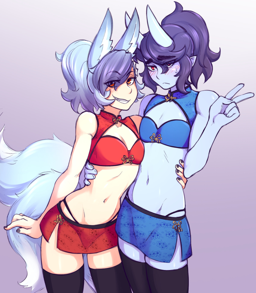 1boy 1girl animal_ears bangs bare_arms bare_shoulders black_legwear black_nails black_panties blue_bra blue_dress blue_hair blue_skin blue_skirt blush bra breasts china_dress chinese_clothes closed_mouth cowboy_shot crossdressinging dress embarrassed eyebrows_visible_through_hair eyes_visible_through_hair fox_ears fox_tail gradient gradient_background grin highleg highleg_panties highres horns hug ittla kyou_(ittla) looking_at_viewer medium_breasts midriff multicolored_hair multiple_tails nail_polish navel oni oni_horns original panties pencil_skirt ponytail purple_background purple_hair red_bra red_dress red_eyes red_skirt skirt smile standing sweat tail thick_eyebrows thigh-highs trap underwear v