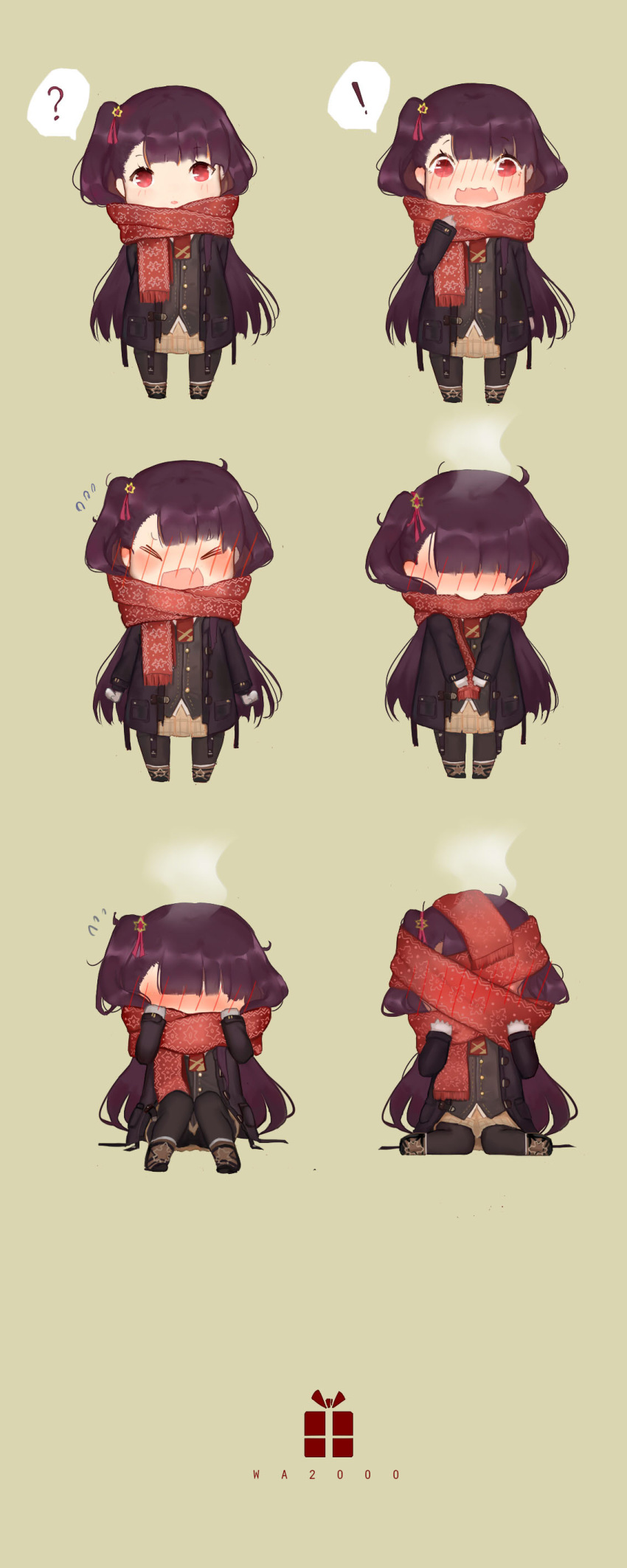 ! &gt;_&lt; 1girl ? absurdres biting biting_clothes blush box character_name chibi closed_eyes coat commentary_request covering_face embarrassed eyebrows_visible_through_hair fang full-face_blush gift gift_box girls_frontline gloves hair_ornament highres long_hair oka_ball pantyhose pointing pointing_at_self progression red_eyes scarf scarf_on_head side_ponytail simple_background sitting skirt speech_bubble steam sweatdrop wa2000_(girls_frontline) wariza