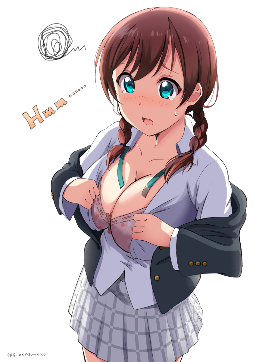 10s 1girl absurdres bangs black_blazer blue_eyes blush braid breasts brown_hair collarbone emma_verde freckles grey_skirt highres jacket large_breasts long_hair long_sleeves love_live! love_live!_school_idol_festival nose_blush off_shoulder open_clothes open_jacket open_shirt perfect_dream_project plaid plaid_skirt pleated_skirt school_uniform shiokazunoko shirt simple_background skirt solo squiggle tareme tearing_up tears twin_braids twitter_username undersized_clothes upper_body white_background white_shirt