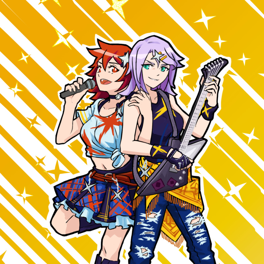 2girls alternate_costume aqua_eyes artist_request belt choker croix_meridies denim fingerless_gloves gloves guitar hair_ornament hairclip highres instrument jeans little_witch_academia microphone midriff multiple_girls navel open_mouth pants purple_hair red_eyes redhead ripped_jeans shiny_chariot short_hair skirt smile tank_top torn_clothes