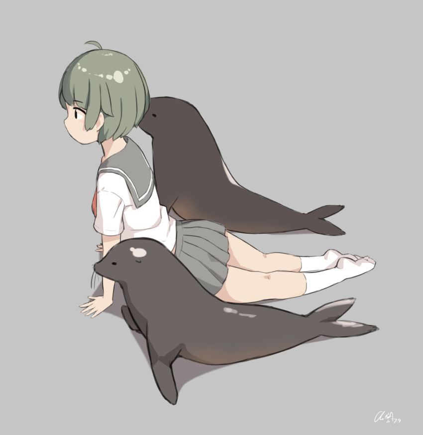 1girl ahoge animal arm_support black_eyes blush cloba copyright_request dated from_side full_body green_hair grey_background grey_skirt highres kneehighs looking_afar no_shoes pleated_skirt profile school_uniform seal serafuku shirt short_sleeves signature simple_background sketch skirt solo tareme white_legwear white_shirt