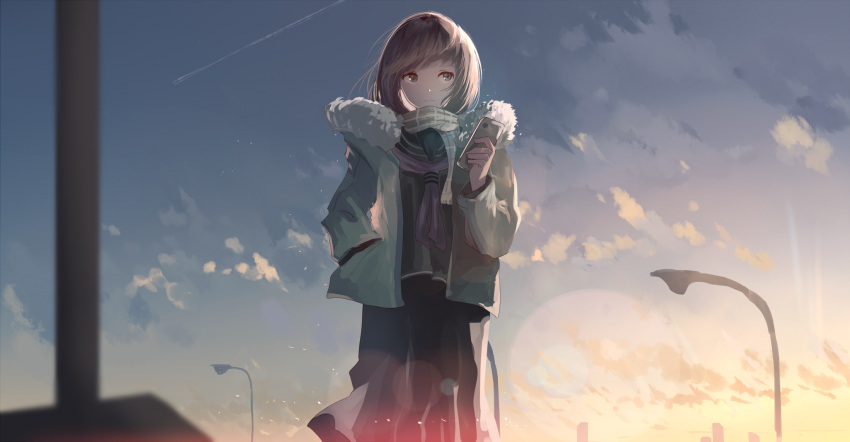 1girl autumn blurry bokeh brown_hair cellphone clouds coat commentary depth_of_field full_moon green_eyes hand_in_pocket highres lamppost mifuru moon original phone scarf school_uniform serafuku shooting_star short_hair sky smartphone solo sunset walking winter_clothes winter_coat