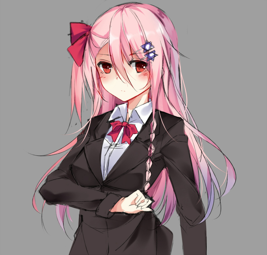 1girl alternate_costume arm_under_own_breast ascot blush braid closed_mouth collared_shirt dress_shirt expressionless eyebrows_visible_through_hair eyes_visible_through_hair farcher girls_frontline grey_background hair_ornament hair_ribbon hexagon hexagram long_hair long_sleeves looking_at_viewer negev_(girls_frontline) pink_hair red_ascot red_eyes red_ribbon ribbon shirt simple_background single_braid solo star_of_david suit_jacket tied_hair white_shirt