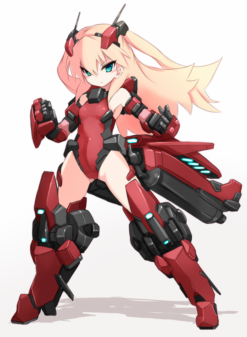 1girl :&lt; armor armpits blonde_hair blue_eyes boots closed_mouth densou_tenshi_valforce frown full_body gloves highres karukan_(monjya) leotard long_hair looking_at_viewer mecha_musume misawa_elena red_boots red_leotard shadow solo standing thigh-highs thigh_boots two_side_up white_background