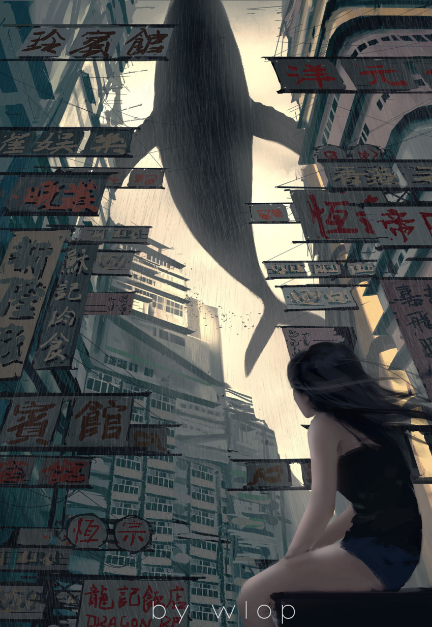 1girl artist_name bare_arms bare_shoulders bird black_dress black_hair blue_shorts building city commentary_request day dress facing_away flock flying_whale from_behind highres long_hair outdoors scenery short_shorts shorts sign sky solo wind wlop yellow_sky
