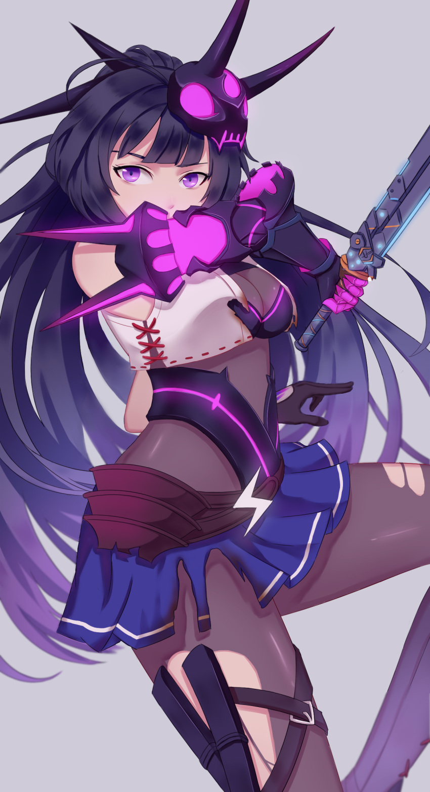1girl armor bangs bare_shoulders benghuai_xueyuan black_gloves black_hair blue_skirt blunt_bangs bodystocking breasts burnt_clothes cleavage crop_top gloves glowing highres holster honkai_impact long_hair looking_at_viewer mask mask_on_head medium_breasts miniskirt ponytail qian_yi raiden_mei single_gauntlet skirt solo thigh_holster thunder_ghost torn_clothes torn_skirt under_boob very_long_hair violet_eyes