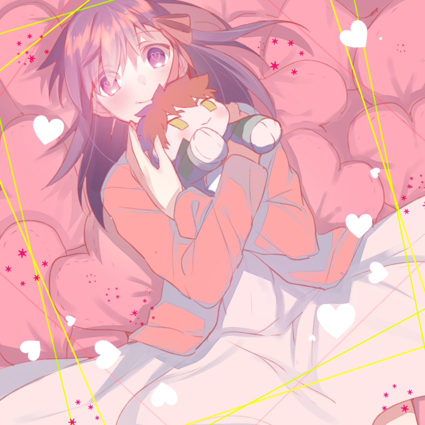 1girl bangs blush cardigan character_doll closed_mouth creat emiya_shirou eyebrows_visible_through_hair fate/stay_night fate_(series) hair_ribbon heart heart-shaped_pupils heart_pillow highres holding_doll long_hair looking_at_viewer lying matou_sakura object_hug on_back open_cardigan open_clothes pillow pink_ribbon purple_hair ribbon smile solo symbol-shaped_pupils tareme violet_eyes