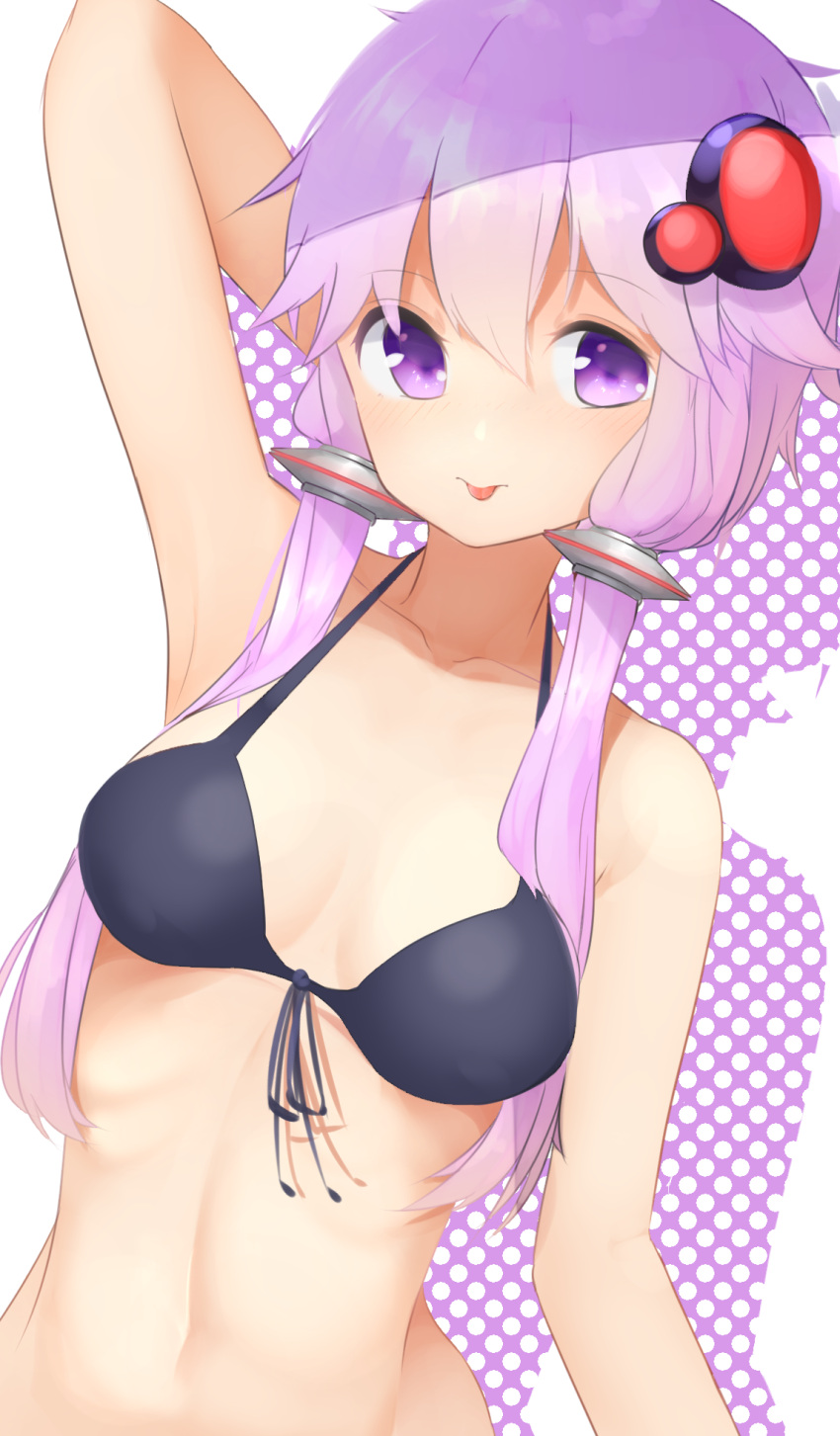 1girl :p arm_at_side arm_behind_head arm_up armpits bare_arms bare_shoulders bikini black_bikini black_ribbon breasts closed_mouth collarbone front-tie_bikini front-tie_top hair_ornament hair_tubes hairpin highres long_hair looking_at_viewer low_twintails navel pink_hair polka_dot ribbon shiny shiny_hair small_breasts smile solo stomach swimsuit tareme tongue tongue_out twintails violet_eyes voiceroid yusake_san yuzuki_yukari