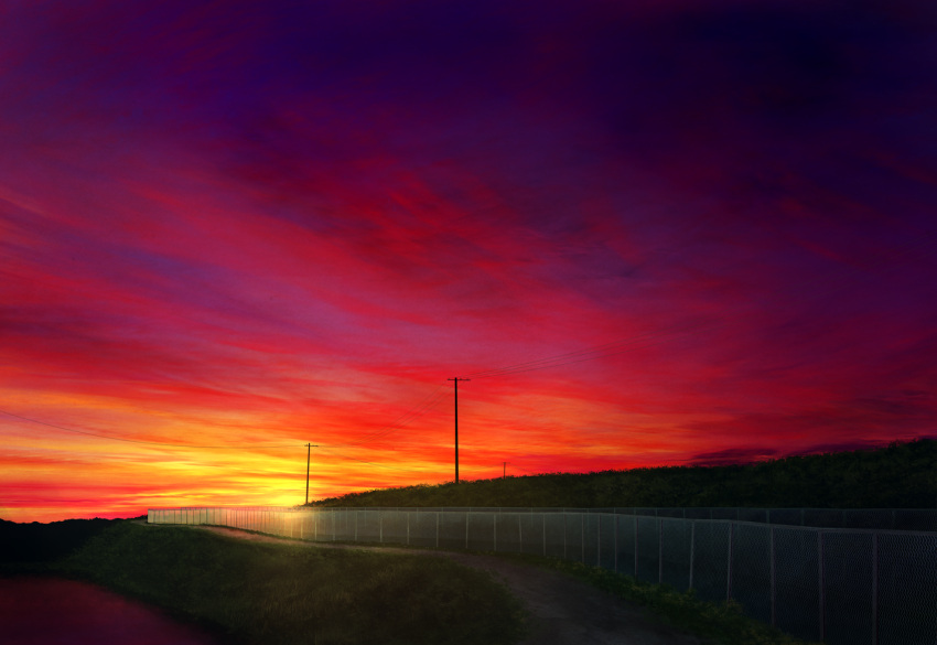 clouds cloudy_sky commentary fence grass hill mks multicolored multicolored_sky no_humans original outdoors path power_lines purple_sky red_sky river road scenery sky sunset