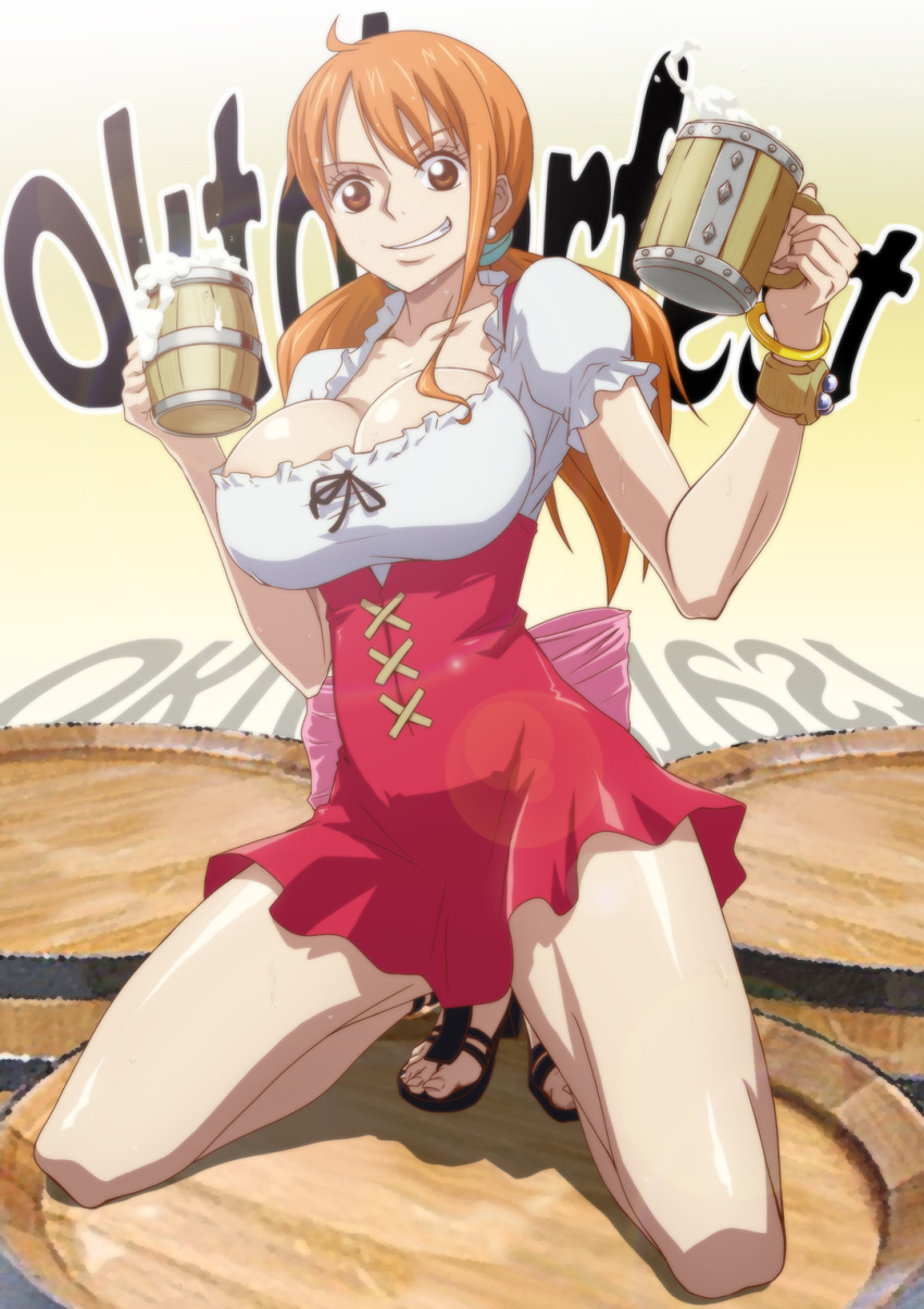1girl alcohol alternate_costume bare_arms bare_legs barefoot_sandals beer beer_mug blue_eyes bow bracelet breasts brown_eyes cleavage collarbone cup dirndl dress earrings female frilled_sleeves frills full_body german german_clothes grin hands_up heels high_heels highres holding holding_cup jewelry kneeling kyabakurabakufu large_breasts log_pose long_hair looking_at_viewer nami_(one_piece) oktoberfest one_piece orange_hair parted_lips ponytail puffy_short_sleeves puffy_sleeves sandals short_dress short_sleeves smile smirk solo sweat thighs toes twintails waitress