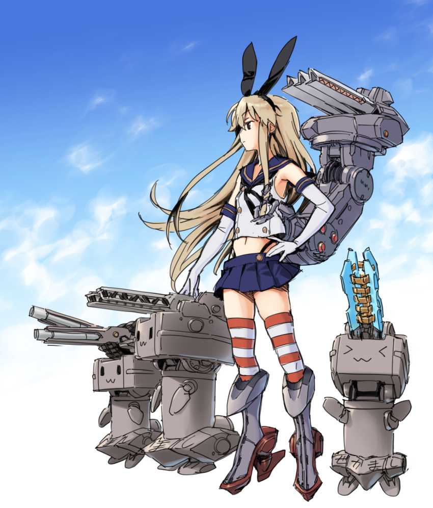 &gt;_&lt; 1girl :3 black_panties blonde_hair blue_skirt blue_sky boots bow brown_eyes cannon closed_mouth clouds cloudy_sky commentary_request crop_top elbow_gloves from_side gloves greaves hair_bow hairband hand_on_hip high_heel_boots high_heels highleg highleg_panties highres horizontal-striped_legwear ikezawa_shin kantai_collection legs_apart long_hair machinery midriff navel outdoors panties pleated_skirt profile rensouhou-chan sailor_collar school_uniform serafuku shimakaze_(kantai_collection) skindentation skirt sky standing striped striped_legwear thigh-highs underwear very_long_hair white_gloves ||_||