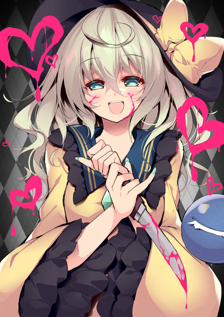 1girl argyle argyle_background black_headwear blood blood_on_face commentary_request fingernails green_eyes green_nails grey_background grey_hair heart heart-shaped_pupils highres holding holding_knife knife komeiji_koishi long_fingernails long_hair long_nose long_sleeves looking_at_viewer open_mouth pink_blood pinky_out sakurame shirt smile solo symbol-shaped_pupils third_eye touhou two-handed upper_body wide_sleeves yellow_shirt