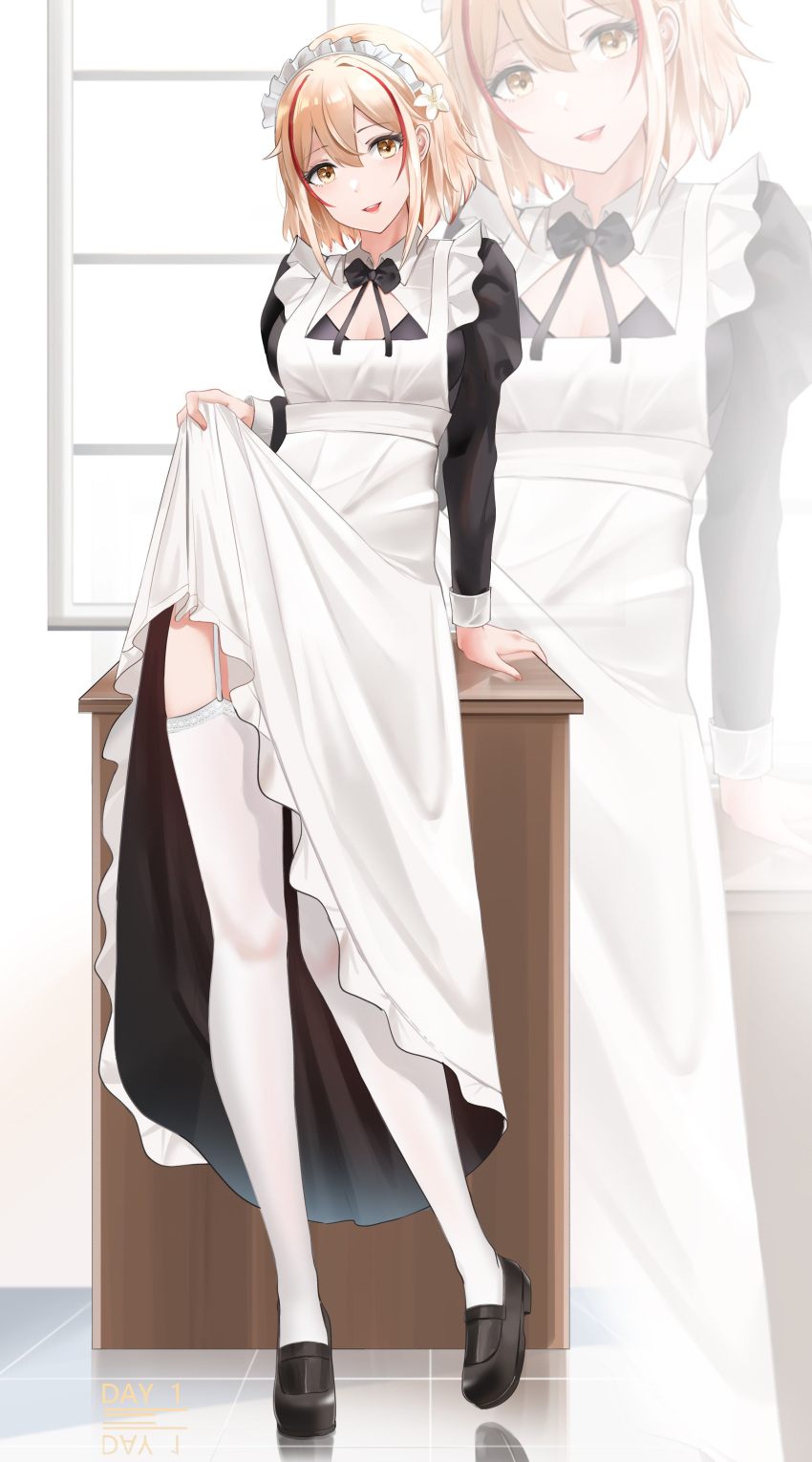 1girl absurdres alternate_costume apron azur_lane black_dress black_footwear breasts cleavage_cutout clothes_lift clothing_cutout dress enmaided full_body garter_straps highres indoors lifted_by_self light_brown_hair looking_at_viewer maid maid_headdress medium_breasts medium_hair multicolored_hair qing_wu redhead roon_(azur_lane) shoes skirt skirt_lift streaked_hair thigh-highs two-tone_hair white_apron white_garter_straps white_legwear yellow_eyes zoom_layer