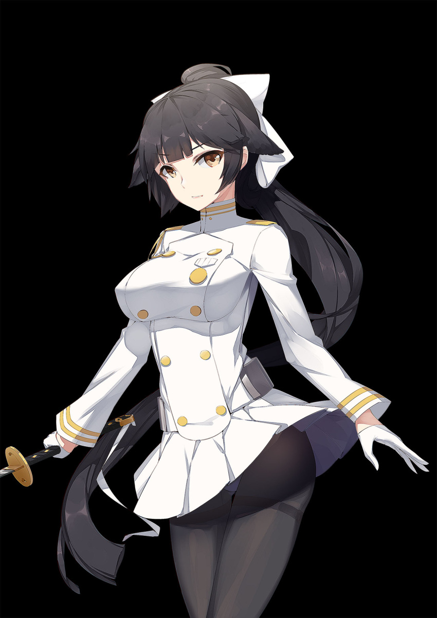 1girl azur_lane bangs black_background black_hair black_legwear bow breasts buttons commentary_request gloves hair_bow highres holding holding_sword holding_weapon large_breasts long_hair long_sleeves looking_at_viewer military military_uniform pantyhose ponytail simple_background skirt solo sword takao_(azur_lane) uniform very_long_hair weapon white_gloves yueye_(blbl-y)