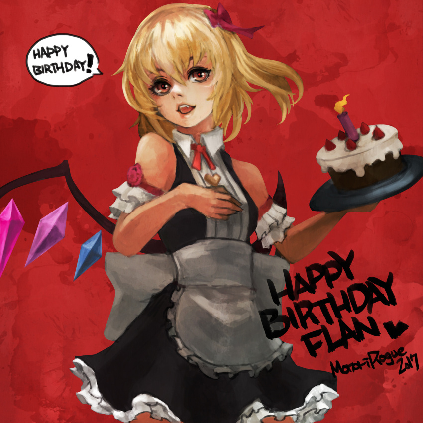 1girl absurdres alternate_costume apron arm_garter artist_name birthday birthday_cake black_dress blonde_hair cake crystal dated dress flandre_scarlet food hair_ribbon heart highres holding holding_plate looking_at_viewer maid monori_rogue no_hat no_headwear open_mouth plate red_background red_eyes red_ribbon ribbon short_hair side_ponytail sleeveless sleeveless_dress solo speech_bubble touhou white_apron wings