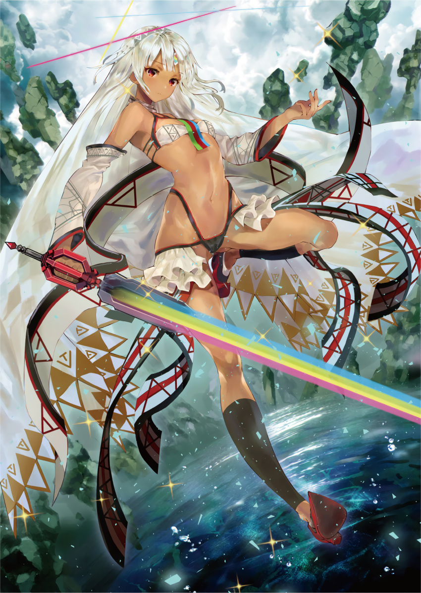 1girl altera_(fate) bare_shoulders breasts cleavage_cutout closed_mouth cropped dark_skin detached_sleeves fate/grand_order fate_(series) fisheye folded_leg frill_trim full_body gluteal_fold highres hitaki_yuu leg_up leg_warmers midriff navel outdoors red_eyes small_breasts solo sparkle sword veil water weapon white_hair