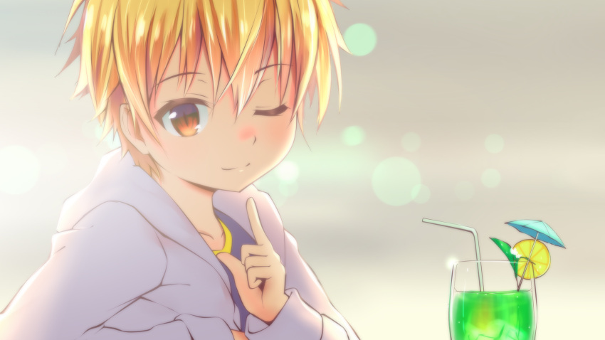 1boy blonde_hair blush brown_eyes child child_gilgamesh closed_mouth collarbone cup drinking_glass drinking_straw eyebrows_visible_through_hair fate_(series) haresora highres index_finger_raised looking_at_viewer one_eye_closed short_hair smile solo upper_body