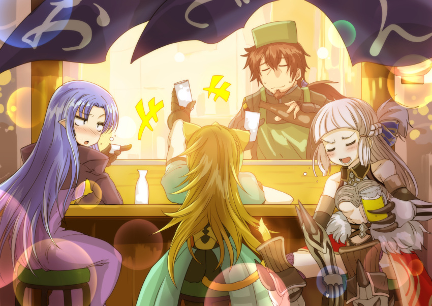 1boy 3girls alcohol animal_ears archer_of_red beer blonde_hair bottle brown_hair caster choko_(cup) cup drunk facial_hair fate/grand_order fate_(series) food_stand goatee grimjin hector_(fate/grand_order) lion_ears multiple_girls penthesilea_(fate/grand_order) pointy_ears purple_hair sake sake_bottle tail white_hair yatai