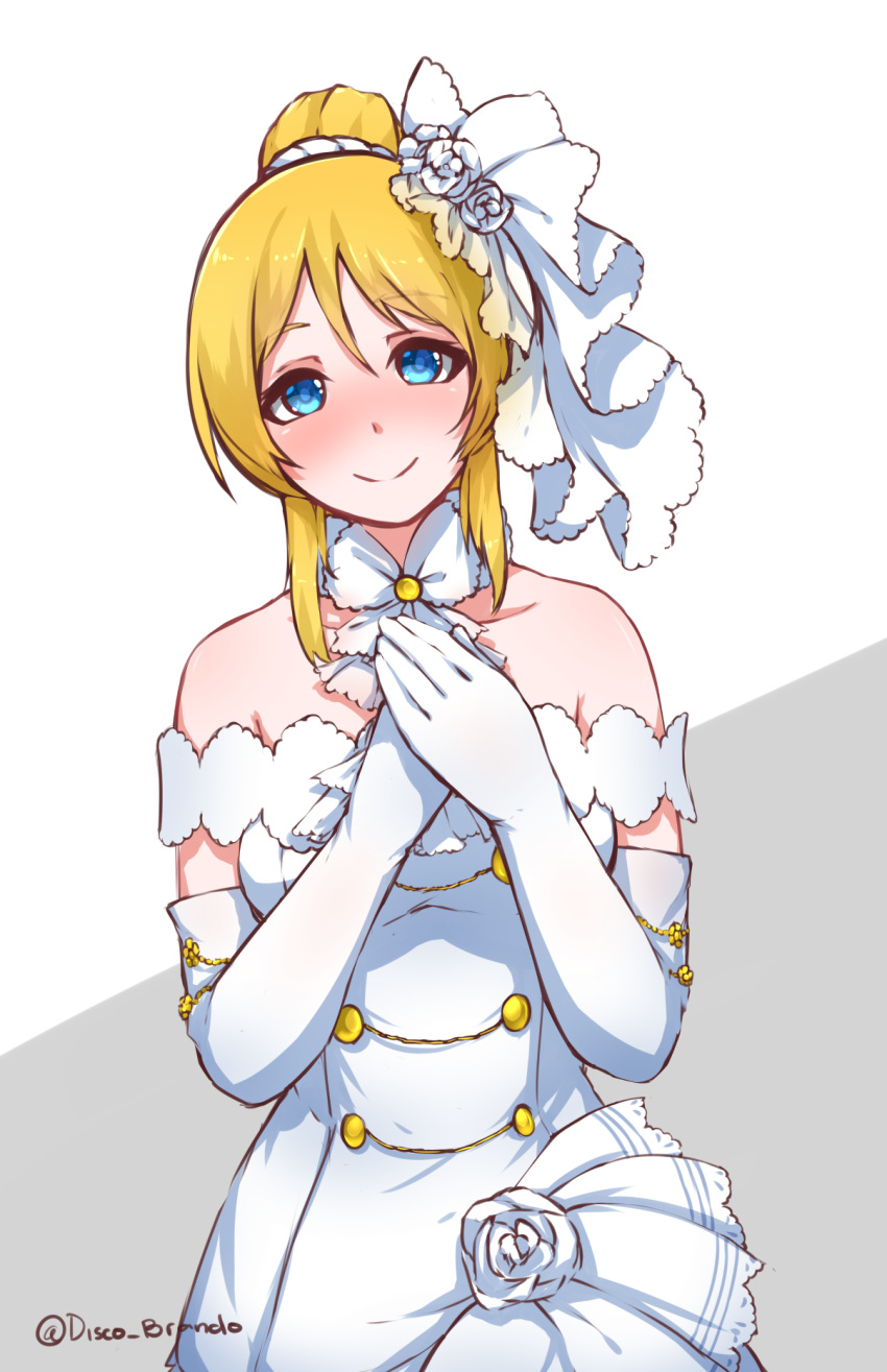 1girl ayase_eli bangs bare_shoulders blonde_hair blue_eyes blush closed_mouth detached_collar disco_brando dress elbow_gloves eyebrows_visible_through_hair flower gloves hair_between_eyes hair_bun hair_ornament hands_on_own_chest hands_together head_tilt highres looking_at_viewer love_live! love_live!_school_idol_project medium_hair rose simple_background smile solo twitter_username upper_body wedding_dress white_background white_dress white_gloves white_rose