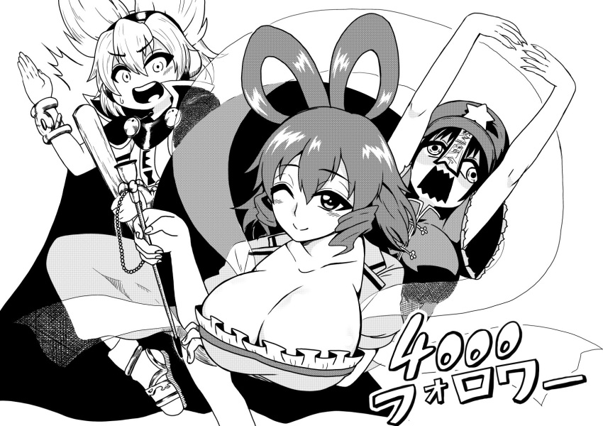 3girls ;) arms_up bangs blush breasts cape cleavage closed_mouth commentary_request drill_hair earmuffs eyebrows_visible_through_hair followers greyscale hair_between_eyes hair_ornament hair_rings hairpin hat highres himajin_no_izu holding kaku_seiga large_breasts looking_at_viewer miyako_yoshika monochrome multiple_girls ofuda one_eye_closed open_mouth pointy_hair ritual_baton short_sleeves side_drill simple_background smile star touhou toyosatomimi_no_miko twin_drills wall-eyed white_background