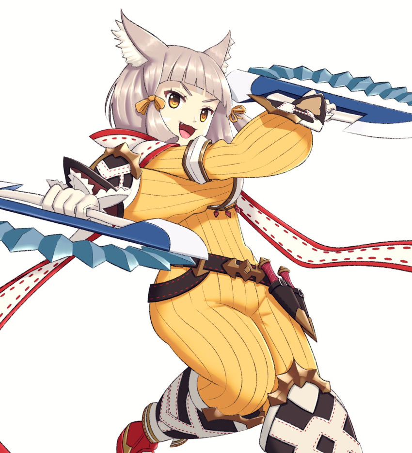 &gt;:3 &gt;:d 1girl :3 :d animal_ears bangs belt beltskirt black_belt blunt_bangs bodysuit cat_ears dagger diamond_(shape) dual_wielding facing_away fang gloves gonzarez hair_ribbon highres holding holding_weapon knees_together_feet_apart leg_up long_sleeves niyah open_mouth ribbed_bodysuit ribbon sheath sheathed short_hair silver_hair simple_background smile solo standing standing_on_one_leg tongue tsurime weapon white_background white_gloves x_arms xenoblade xenoblade_2 yellow_bodysuit yellow_eyes yellow_ribbon