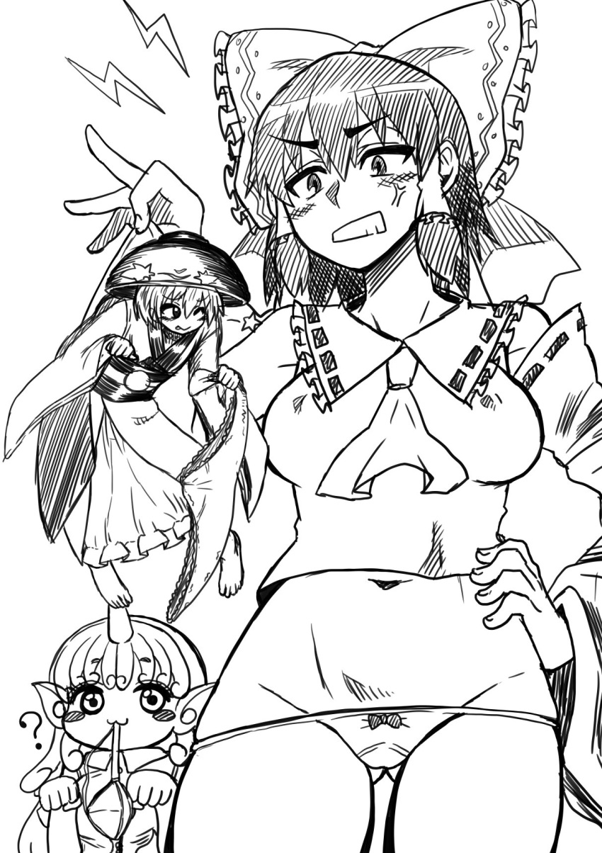 3girls :3 :p ;&gt; ? anger_vein animal_ears ascot bangs barefoot blush blush_stickers bow bow_panties bowl bowl_hat bra breasts closed_mouth commentary_request detached_sleeves erect_nipples eyebrows_visible_through_hair gluteal_fold greyscale groin hair_between_eyes hair_bow hair_tubes hakurei_reimu hand_on_hip hat highres himajin_no_izu holding holding_bra holding_panties horn japanese_clothes kimono komano_aun lightning_bolt long_hair long_sleeves looking_at_another medium_breasts monochrome mouth_hold multiple_girls navel no_bra no_pants obi one_eye_closed panties paw_pose ribbon-trimmed_sleeves ribbon_trim sash short_hair short_sleeves sidelocks simple_background star sukuna_shinmyoumaru tehepero tongue tongue_out touhou underwear white_background wide_sleeves