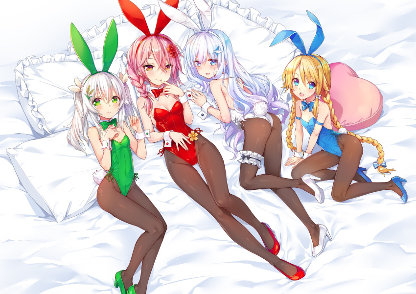 4girls animal_ears armband ass bed black_legwear blonde_hair blue_bow blue_eyes blue_leotard blue_neckwear bow bowtie braid brown_legwear bunny_tail bunnysuit cleavage detached_collar frilled_pillow frills green_bow green_bowtie green_eyes green_leotard hair_ornament hair_over_shoulder heart heart_pillow high_heels highres hika_(cross-angel) leg_garter leotard long_hair looking_at_viewer lying multiple_girls original pantyhose pillow pink_hair rabbit_ears red_bow red_bowtie red_eyes red_leotard silver_hair single_braid small_breasts strapless strapless_leotard tail thigh_strap twin_braids twintails white_leotard wrist_cuffs