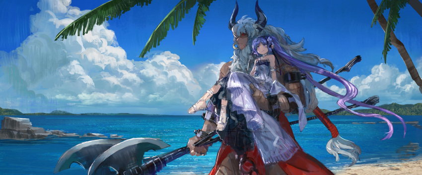 1boy 1girl absurdres asterios_(fate/grand_order) axe bare_shoulders beach black_sclera day dress euryale fate/grand_order fate/hollow_ataraxia fate_(series) hairband highres horns jewelry july_(shichigatsu) long_hair purple_hair red_eyes twintails water weapon white_hair