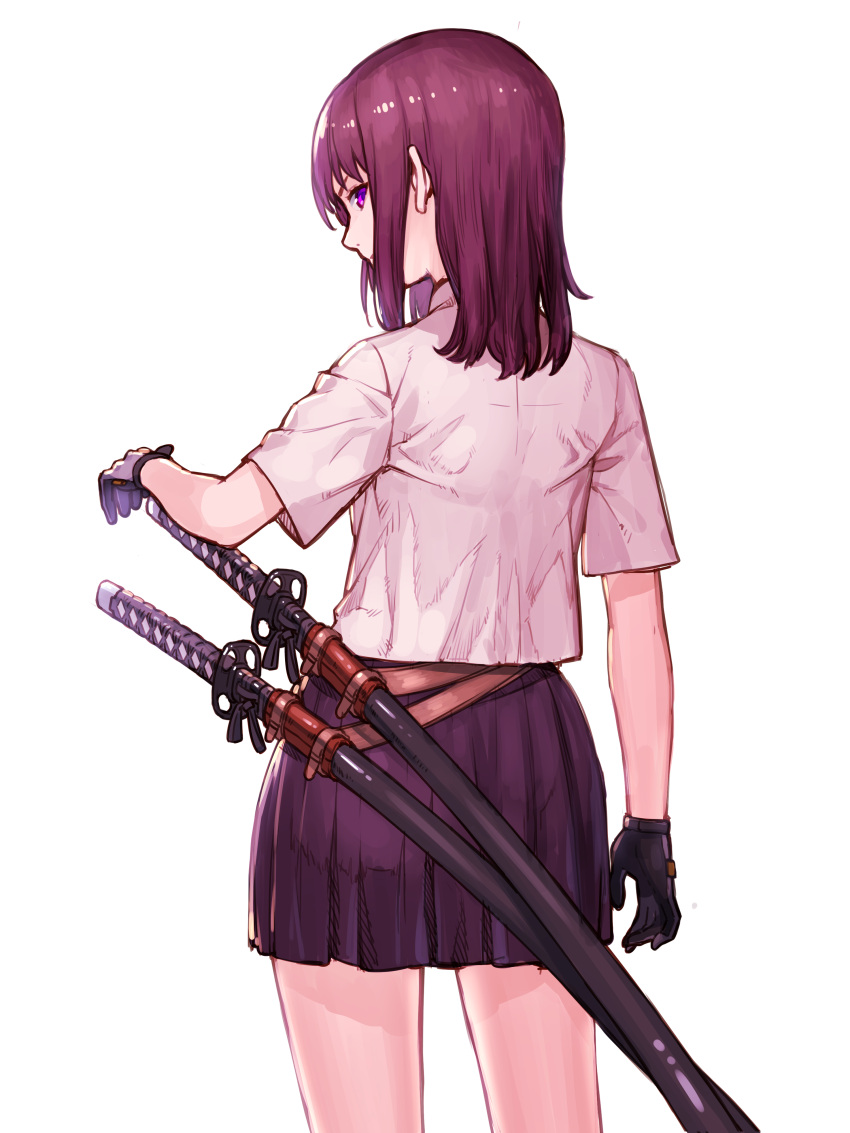 1girl absurdres bangs black_gloves closed_mouth cowboy_shot from_behind gloves highres katana looking_at_viewer looking_back original purple_hair purple_skirt sheath sheathed shiono_fuyu shirt short_sleeves sidelocks simple_background skirt solo sword violet_eyes weapon white_background white_shirt