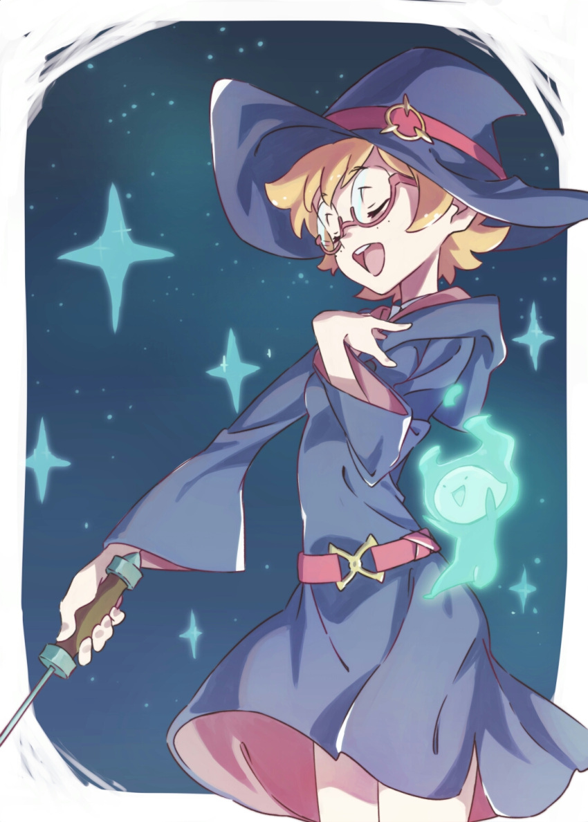 belt closed_eyes freckles glasses hat highres hooded_robe little_witch_academia lotte_jansson magic open_mouth orange_hair pink-framed_eyewear robe semi-rimless_glasses short_hair star tama under-rim_glasses wand wide_sleeves witch witch_hat