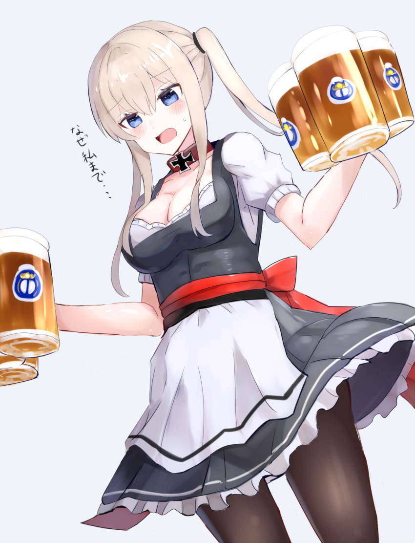 1girl alcohol alternate_costume apron bangs beer beer_mug black_dress blonde_hair blue_background blue_eyes blush bow breasts brown_legwear cleavage collar cowboy_shot dirndl dress dutch_angle eyebrows_visible_through_hair frilled_dress frills german_clothes graf_zeppelin_(kantai_collection) hair_tie highres holding iron_cross kantai_collection long_hair looking_down medium_breasts pantyhose red_bow sash short_sleeves sidelocks simple_background skirt solo standing sweat translated twintails waist_apron white_apron xenonstriker