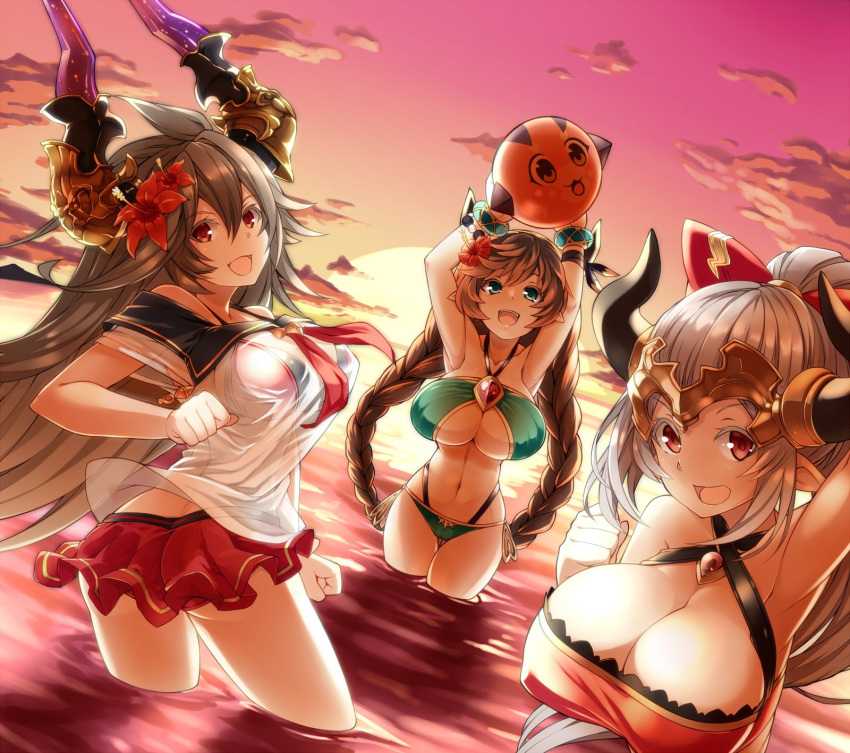 3girls :d aliza_(granblue_fantasy) arm_up armpits arms_up backlighting ball beachball bikini bikini_skirt bracelet braid breasts brown_hair carmelina_(granblue_fantasy) cleavage colored_eyelashes contrapposto cowboy_shot doraf erect_nipples flower gene_(gear_gene) granblue_fantasy green_bikini green_eyes grey_hair hair_flower hair_ornament halterneck highres horns jewelry large_breasts long_hair looking_at_viewer multiple_girls navel ocean off-shoulder_shirt open_mouth outdoors pointy_ears ponytail red_bikini red_eyes sailor_collar sailor_shirt sarasa_(granblue_fantasy) see-through shirt side-tie_bikini silver_hair smile sunset swimsuit twilight twin_braids twisted_torso very_long_hair wading