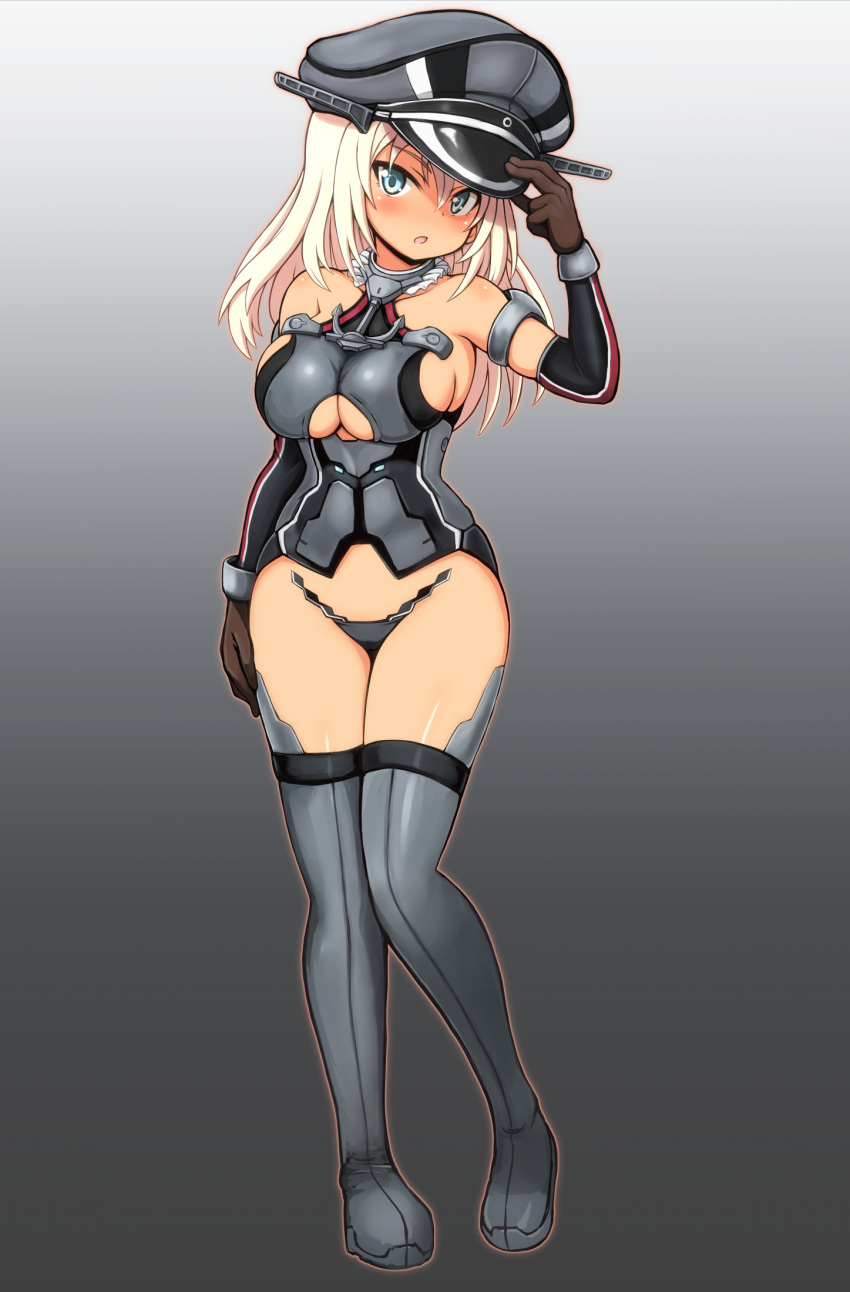 1girl :o adjusting_clothes adjusting_hat anchor arm_at_side arm_up armlet banitei bismarck_(kantai_collection) black_footwear blonde_hair blue_eyes blush boots breasts brown_gloves collar collarbone detached_sleeves eyebrows_visible_through_hair full_body gloves gradient gradient_background grey_background hair_between_eyes hand_on_headwear hat head_tilt highres kantai_collection long_sleeves looking_at_viewer medium_breasts open_mouth peaked_cap sideboob solo standing tan thigh-highs thigh_boots under_boob underboob_cutout