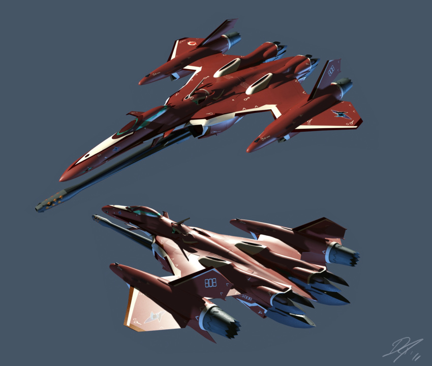 2011 3d canards dated east_coast_canuck energy_cannon flying gunpod highres macross macross_frontier mecha multiple_views n.u.n.s. realistic roundel science_fiction signature variable_fighter vf-27