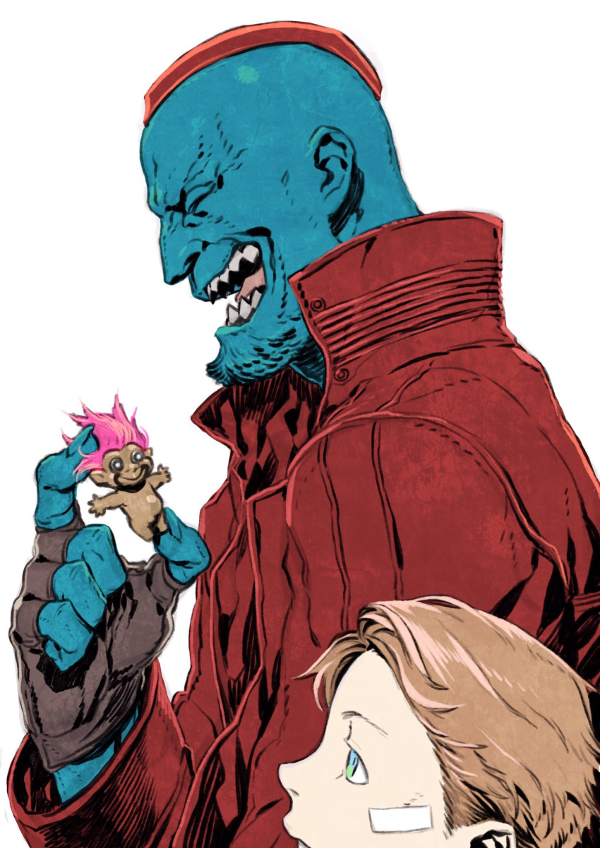 2boys bandage_on_face blue_eyes blue_skin brown_hair facial_hair father_and_son fingerless_gloves gloves guardians_of_the_galaxy highres jacket laughing male_focus miwa_shirou multiple_boys peter_quill red_jacket stubble troll_doll yondu_udonta younger