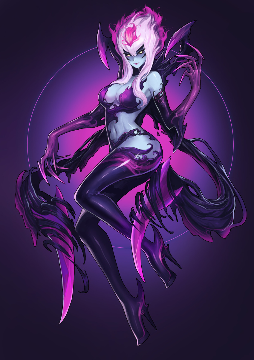 1girl absurdres bare_shoulders blue_skin breasts cleavage drogod evelynn fingernails full_body high_heels highres hips league_of_legends lipstick looking_at_viewer makeup navel purple_lipstick scythe sharp_fingernails slit_pupils smile solo white_hair