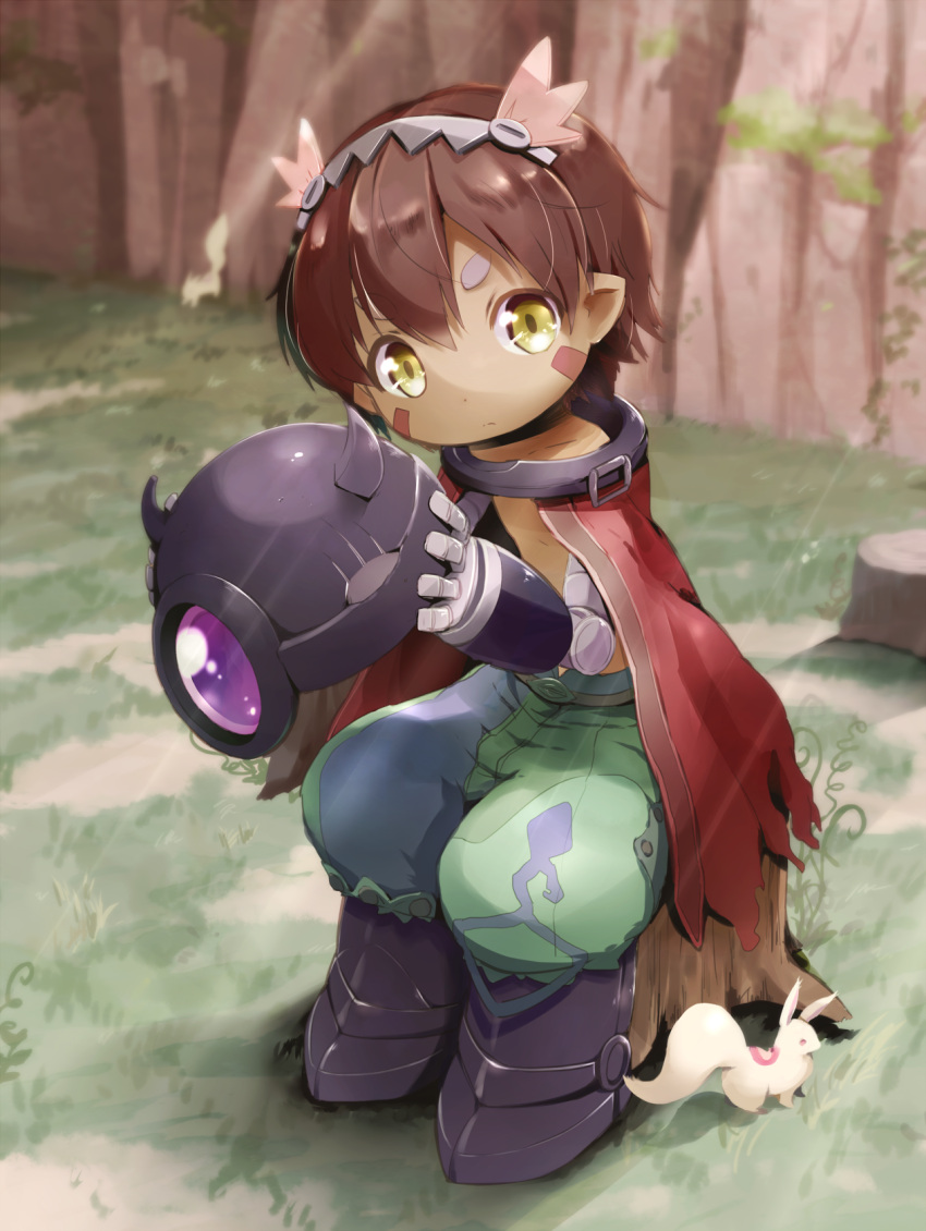 1boy brown_hair closed_mouth collarbone eyebrows_visible_through_hair headwear_removed helmet helmet_removed highres holding holding_helmet looking_at_viewer made_in_abyss piano_(mymel0v) pointy_ears regu_(made_in_abyss) short_hair sitting solo yellow_eyes